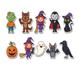 Vector art of halloween sticker sheet featuring a zombie, wolf, witch, vampire, black cat, pumpkin, ghost, bat, and crow, perfect for spooky season decorations and crafts