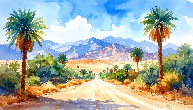 Desert Oasis Road - Watercolor Landscape with Palm Trees and Mountains.