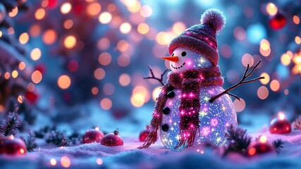 Neon glowing snowman standing in the snow with sparkling Christmas lights and festive ornaments - Powered by Adobe