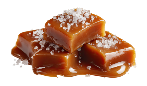 Stacked caramel squares, glistening with melted caramel, sprinkled with sea salt