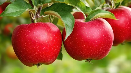 Obraz premium Ripe red apples hanging from a tree branch