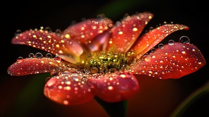 Detailed close up of water droplets on a vibrant red flower