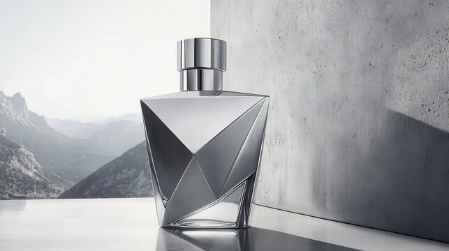 Elegant geometric perfume bottle against a minimalist background