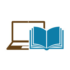 Brown laptop computer next to open blue book with white pages vector