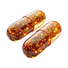 Golden omega 3 fish oil capsules isolated on a transparent white background, clipping path