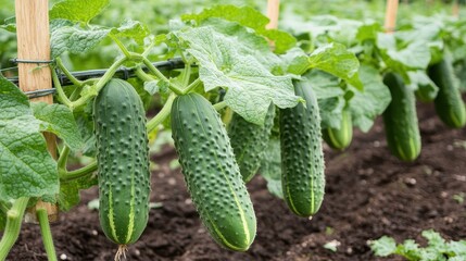 Fresh green cucumbers growing on vines in a garden