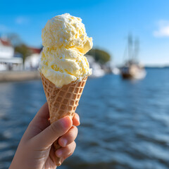 Sunny Day Ice Cream | Waterfront Summer Treat | Vanilla Cone by the Sea | Sweet Coastal Moment | Ice Cream Vacation Vibes | Refreshing Summer Delight