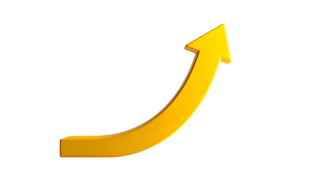 A curved, upward-pointing golden arrow on a black background, symbolizing progress