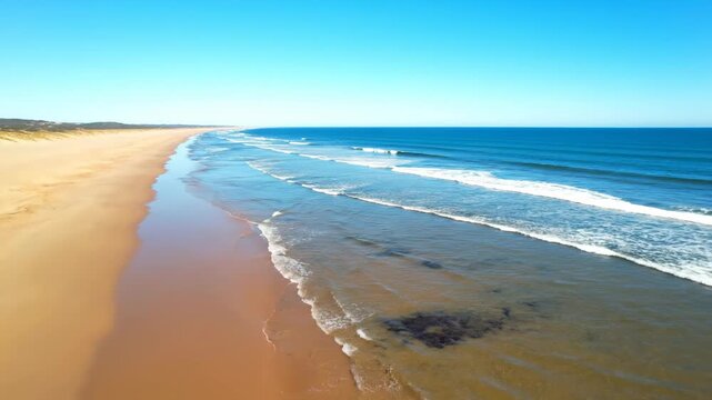Majestic high-angle wide shot capturing the intricate dance of the ocean tide pushing and pulling along a curved sandy coastline, under a bright, clear sky liquid, grand, rhythm