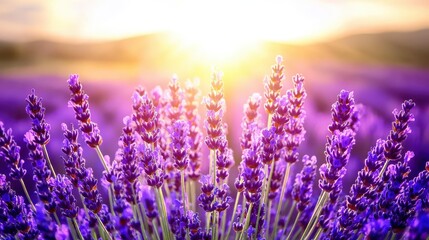 Sunlit Lavender Field with Blooming Purple Flowers