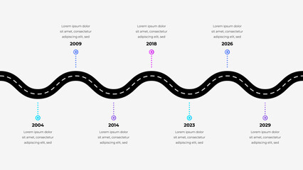 Black road curves across a light background, with annual milestones marked by colored dots and brief captions. Ideal for timeline, progress, and history visuals in presentations.