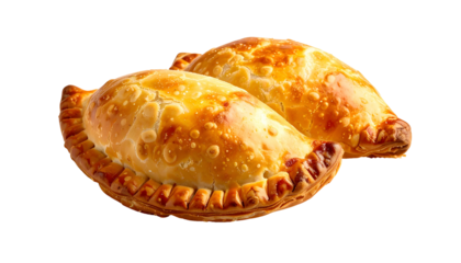 Two golden-brown, baked hand pies, with crimped edges, sit against a black background