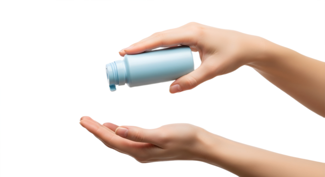 Hand holding a small blue bottle above on transparent background, png