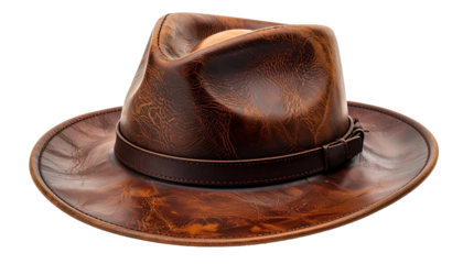 A brown leather hat with a wide brim sits isolated against a black backdrop, texture prominent