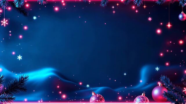 Pink neon frame glowing on a dark blue background with Christmas decorations and sparkling lights