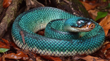 Fototapeta premium Green Anaconda Coiled on Forest Floor in a Detailed Close Up