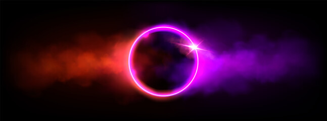 Vibrant neon oval portal glowing with pink and purple light against a dark smoky background