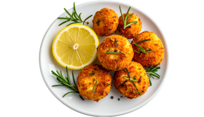 Overhead view of breaded, fried balls on a white plate with lemon and sprigs