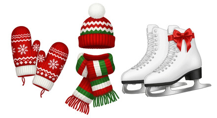 Get ready for winter fun with this cozy hat, scarf, mittens and ice skates, perfect for holiday cards, seasonal promotions, or festive illustrations