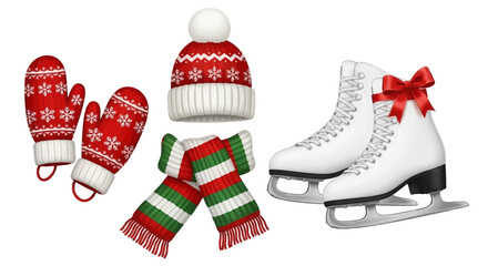 Get ready for winter fun with this festive set featuring a cozy hat, snowflake mittens, a striped scarf, and elegant ice skates tied with a red bow