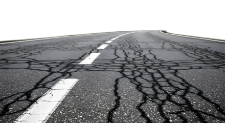 Cracked asphalt road with white lines on transparent background, png