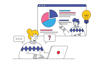 Online learning concept, a student uses a laptop while a teacher presents a pie chart on a screen 