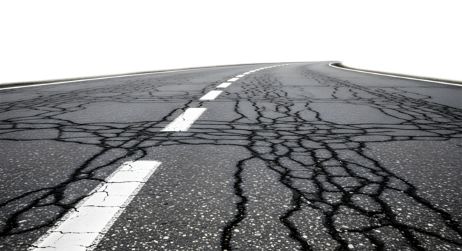Cracked asphalt road with white lines on transparent background, png