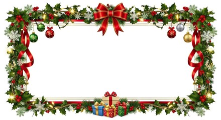 stunning holiday greetings with festive Christmas frame featuring holly, ornaments, ribbons, and gifts for magical designs and cheerful celebrations