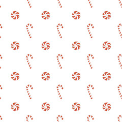 Seamless Christmas pattern with candies. Background with traditional winter sweets on a white background. Lollipops, round caramels, and candy canes. Simple flat vector illustration.