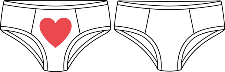 Women’s underwear fashion flat, red heart print and plain white bikini styles, front view garment sketch illustration for design comparison
