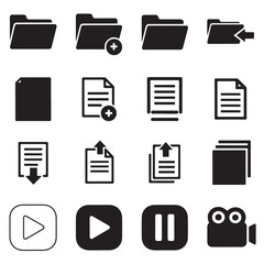 Set and bundle silhouette art vector design vector art of a collection of black and white icons representing folders, documents, and media controls