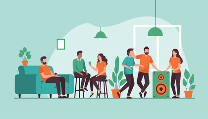 Naklejka premium Casual Social Gathering: Diverse Young Adults Having a House Party with Music and Friends. 