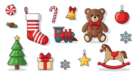 Festive Christmas cheer with iconic holiday symbols like a tree, stocking, candy cane, rocking horse and teddy bear, perfect for seasonal greetings