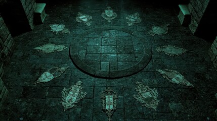 Overhead View of National Crests Arranged in a Circular Pattern