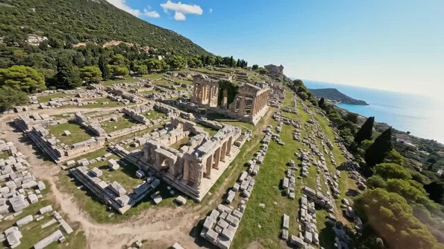 Ancient Ruins of Delphi Greece - This aerial shot showcases the ancient ruins of Delphi, Greece, nestled on a hillside overlooking the sea.