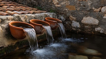 Water flowing from terracotta spouts in a stone structure