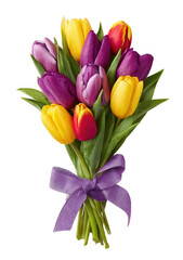 Vibrant bouquet of tulips in a variety of colors, tied with a purple ribbon