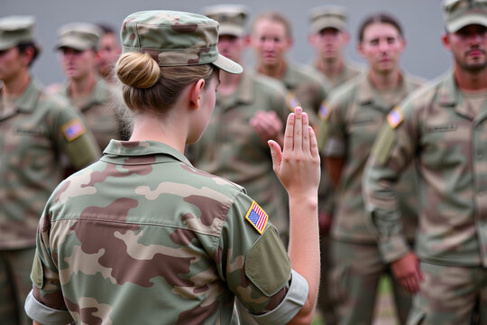 Female soldier taking oath with other military personnel in the background