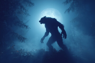 Werewolf transformation scene, moonlit forest, cinematic lighting and fog