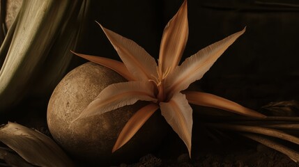 Rare translucent flower with delicate petals against a rock