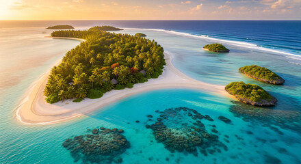 Tropical Islands and Atoll with Turquoise Blue Waters and White Sand Beaches