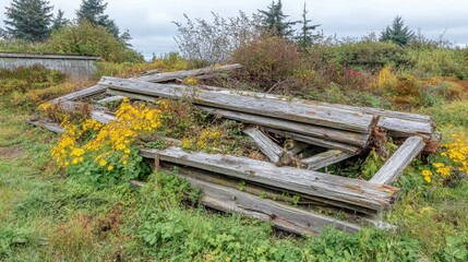 Rotted Wooden Beams Deteriorating Outdoors in a Natural Landscape