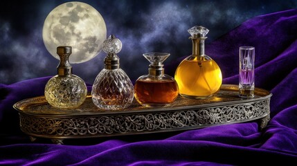 Ornate perfume bottles arranged on a silver display shelf