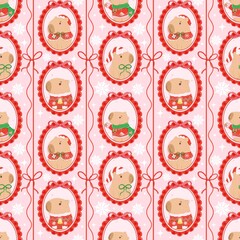 Cute Christmas Capybara Seamless Pattern - Kawaii Holiday Animals in Red Frames Pink Background Digital Paper Winter Design