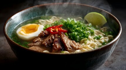 Steaming bowl of ramen with tender pork soft boiled egg chili and fresh green onions
