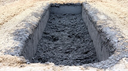 Overhead view of a freshly dug trench in brown earth