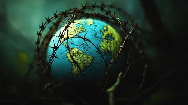 Globe Earth wrapped in barbed wire representing global conflict