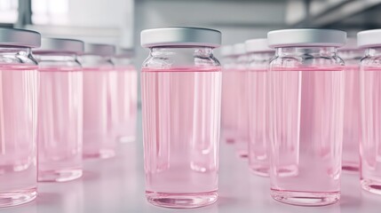 Several pink liquid-filled vials in a laboratory setting