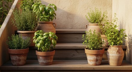 Rustic Terracotta Pots with Fresh Green Herbs on Wooden Steps Outdoors Sunny Day, Growing Basil, Rosemary, and Oregano for Culinary Delights