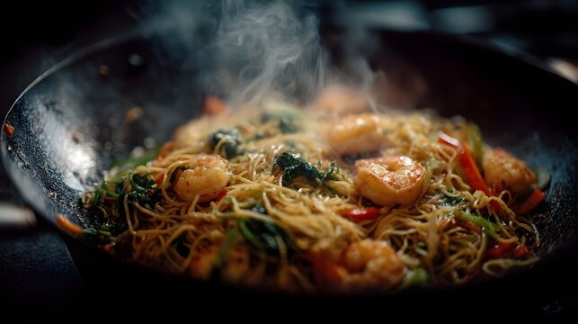 Close up of a hot wok with steaming shrimp and noodle stir fry mixed with fresh vegetables